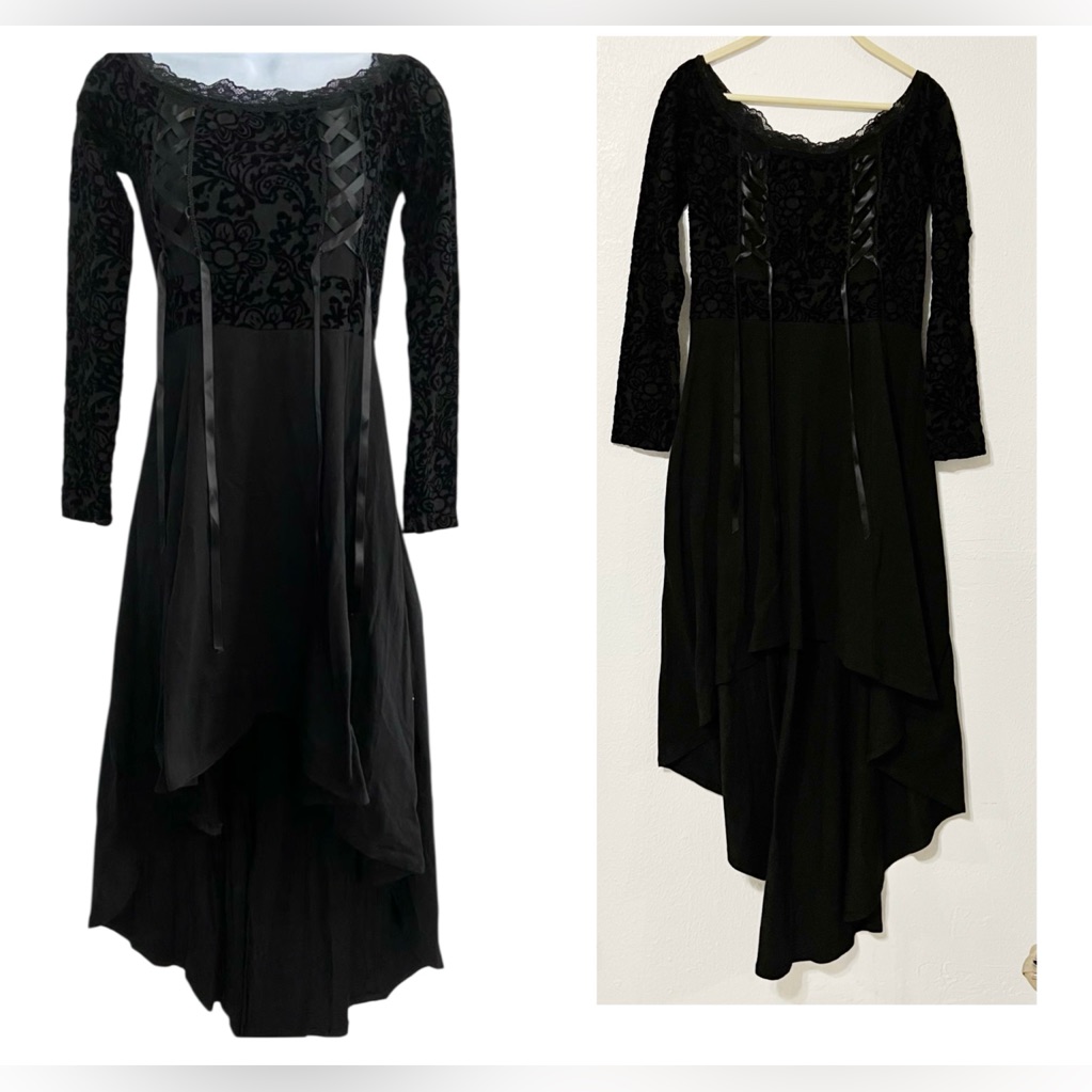 Royal Bones Black Long Sleeve Cocktail Gown Velvet Lace Witchy Boho Goth Grunge